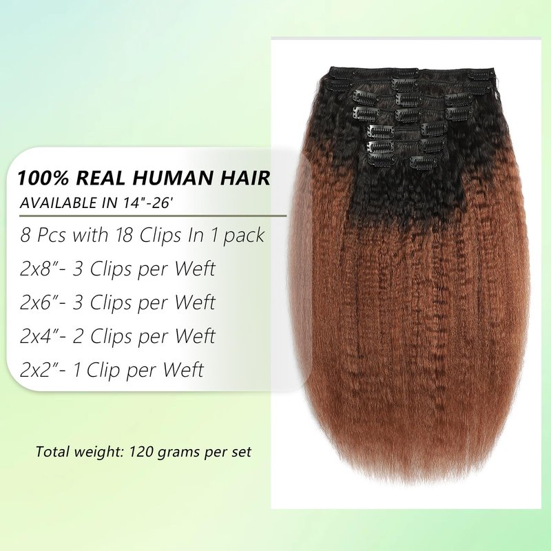 Yaki Straight Clip in Hair Extensions Real Human Hair T1B/4 Brown Kinky Straight Hair Clip ins for Women Invisible & Scalp-Friendly 8pcs with 18 Clips 120g Per Set (18 Inch)