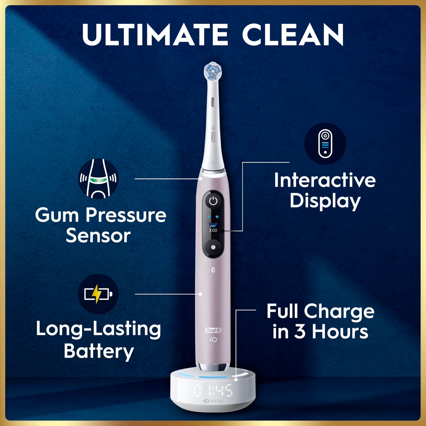 Oral-B Rechargeable Electric Toothbrush, iO9 Limited Ultimate Clean, 7 Cleaning Modes, Interactive Display, iSense Charger, Charging Travel Case, Visible Pressure Sensor, 3 Brush Heads, Rose Quartz