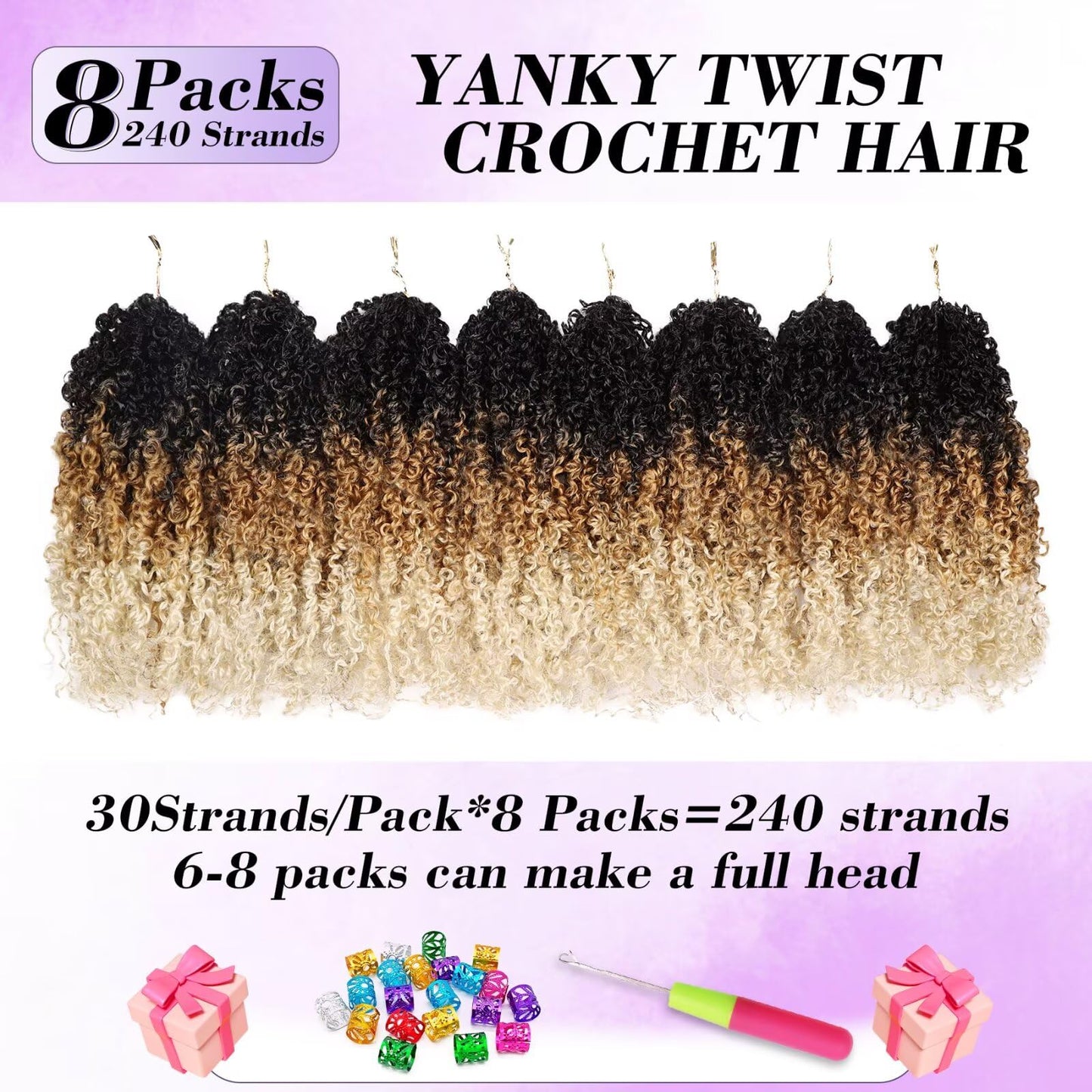 Yanky Twist Crochet Hair for black women 11 Inch 8 Packs 30 Stands/Pc,Pre-looped Fluffy Spring Mini Twist 3 Tones Ombre Blonde Synthetic Crochet Braids Braiding Hair(11Inch, 1B/27/613-8P)