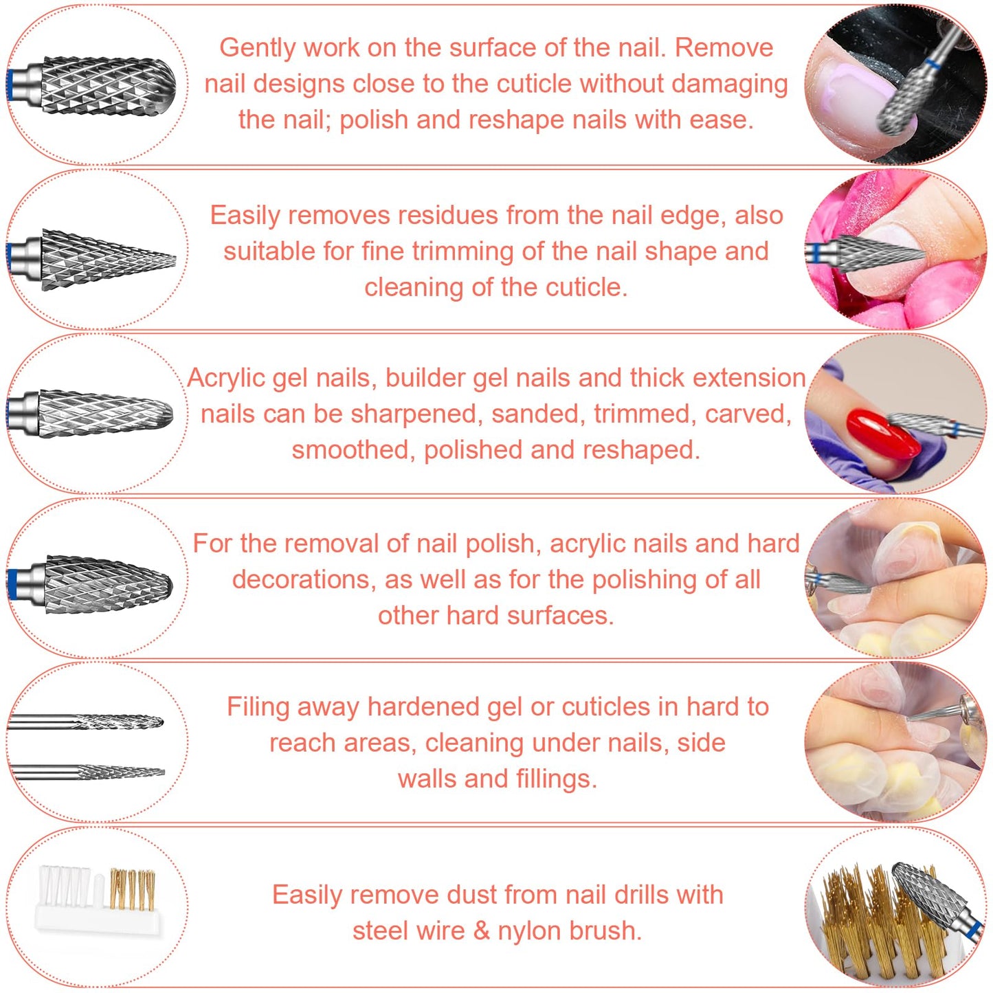 YUXIANLB Nail Drill Bits Set Tungsten Steel Nail Bits 1.77 Inches Diamond Cuticle Electric Nail File 6Pcs Nail Art Tools Sanding Bit Set Carbide Remover Bits For Manicure Pedicure Home Salon DIY Apply