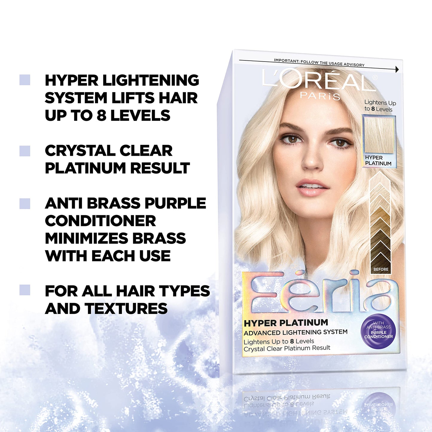 L’Oreal Paris Feria Hyper Platinum Hair Bleach, Lifts Up To 8 Levels, Includes Anti Brass Purple Conditioner, Hyper Platinum Blonde Hair Dye Kit, Pack of 2