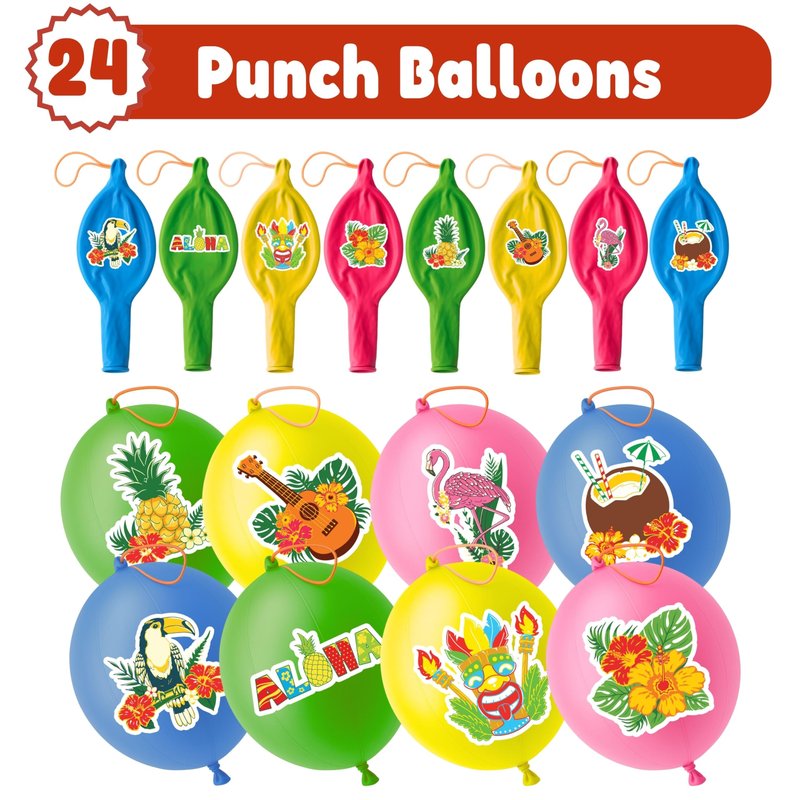 72 PCS Tropical Luau Party Favors – 48 Pre-Cut Temporary Tattoos & 24 Punch Balloons Themed Birthday Party Decorations Supplies Favors Gifts, Goodie Bag Fillers, Classroom Rewards