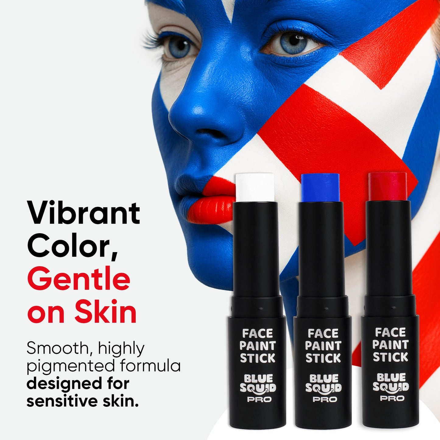 Blue Squid PRO Red White Blue Face Paint Stick - Waterproof Body Paint For Adults & Kids Eye Black Baseball, Eyeblack Softball - Hypoallergenic Twist-Up Non-Toxic Makeup Stick - Cosplay, Sports & SFX