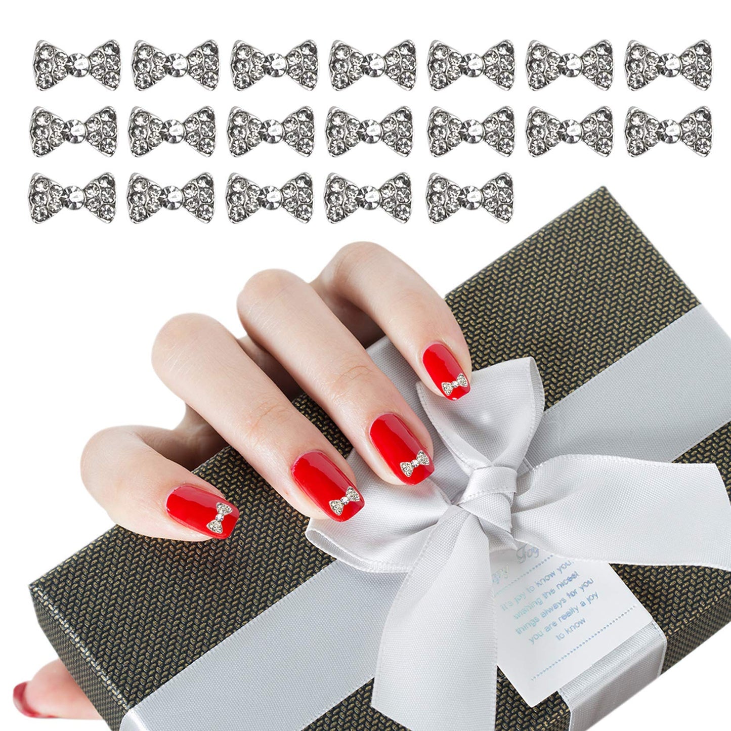 AUEAR, 40 Pack Nail Bows Charms Rhinestones Charming 3D Nail Art Charms Bow Tie Crystal Pendant Decals DIY Decoration for Women Beauty Design Jewelry Craft, Silver