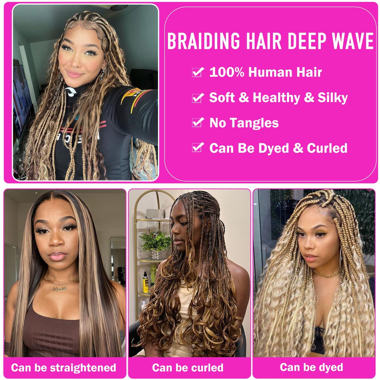 Human Braiding Hair for Boho Braids 110g 18 Inch Highlight Brown Curly Boho Hair for Braiding No Weft Bohemian 3 Bundles Knotless 12A Deep Wave Bulk Wet and Wavy Human Braids Extensions P4/30#