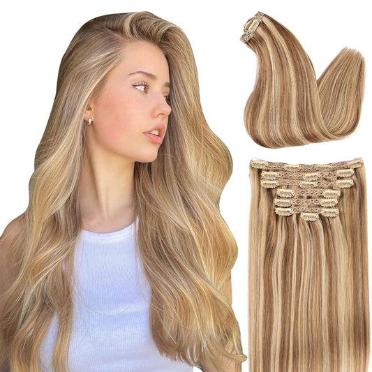 DIYOMO human hair clip in extensions Soft&Natural 120g 7pcs hair extensions real human hair clip insHair Straight&Invisible (14Inch, 18/613)
