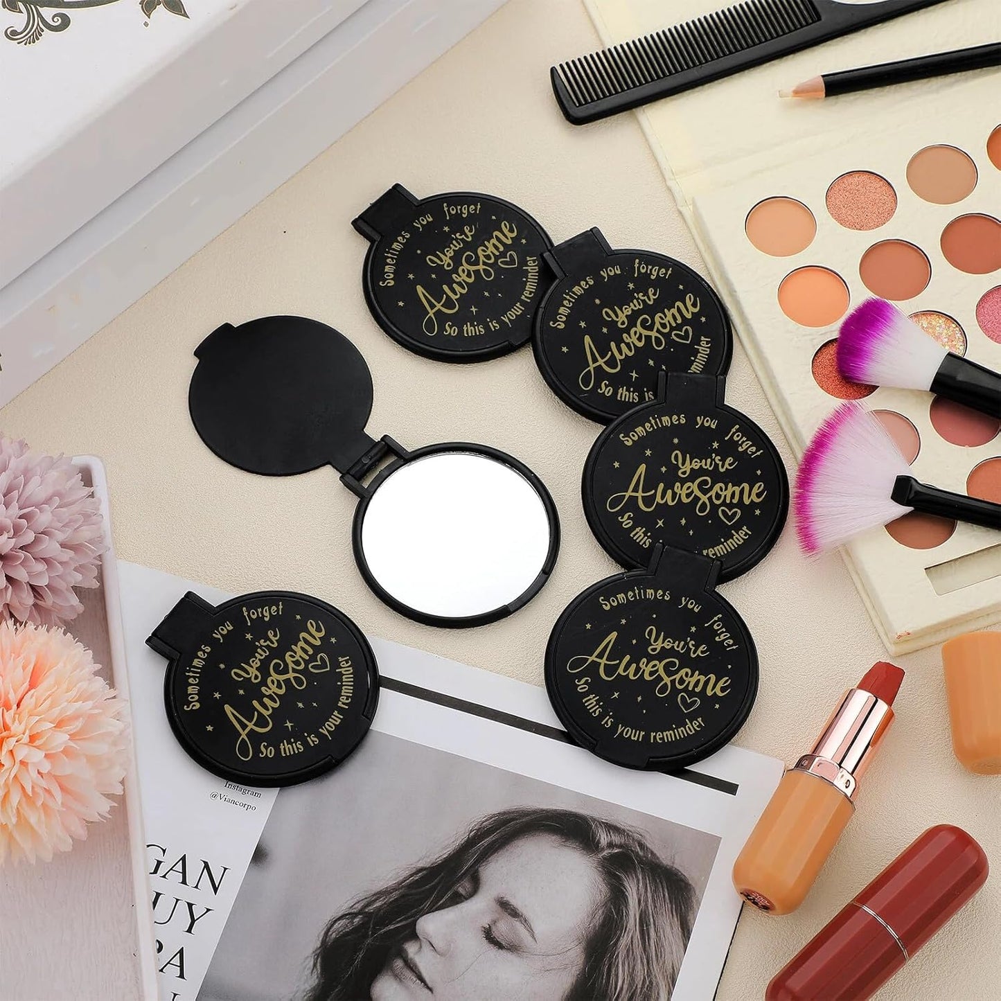 Inspirational Compact Mirror - 100 Pcs Mini Round Purse Mirrors for Women | Perfect Gifts for Mother's Day & Weddings (Black)