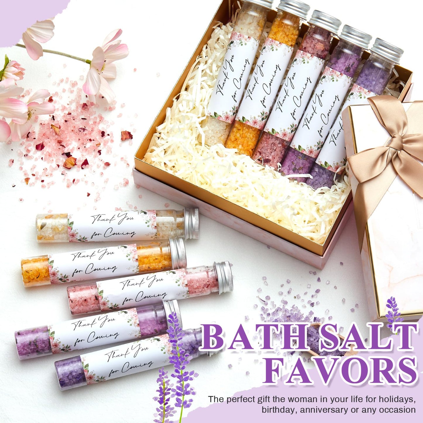Dimsile 24 Pcs Aromatherapy Bath Salts Test Tube Bath Salts for Women Relaxing Spa Gifts Set for Wedding Christmas Birthday Baptism Party Favors (Floral)
