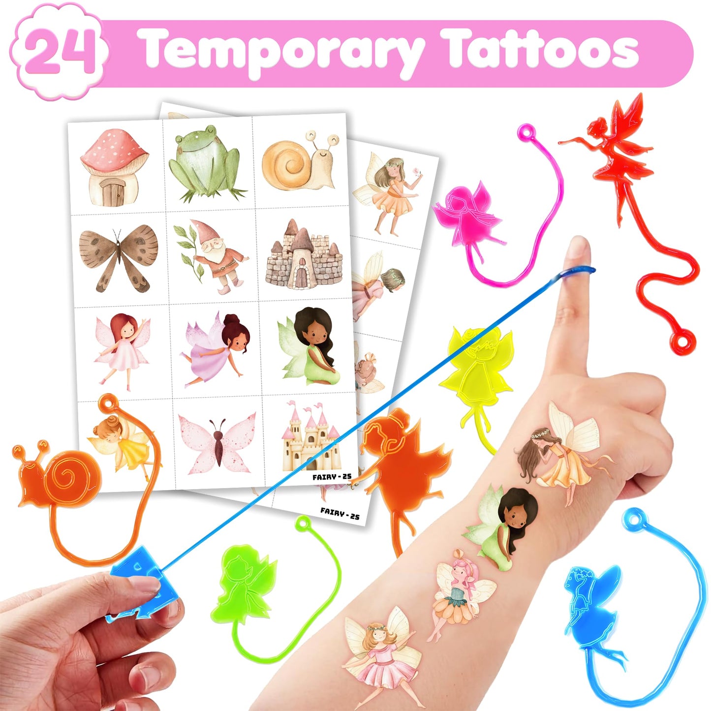 48 PCS Fairy Party Favors for Kids - 24 Temporary Tattoos & 24 Stick Hands