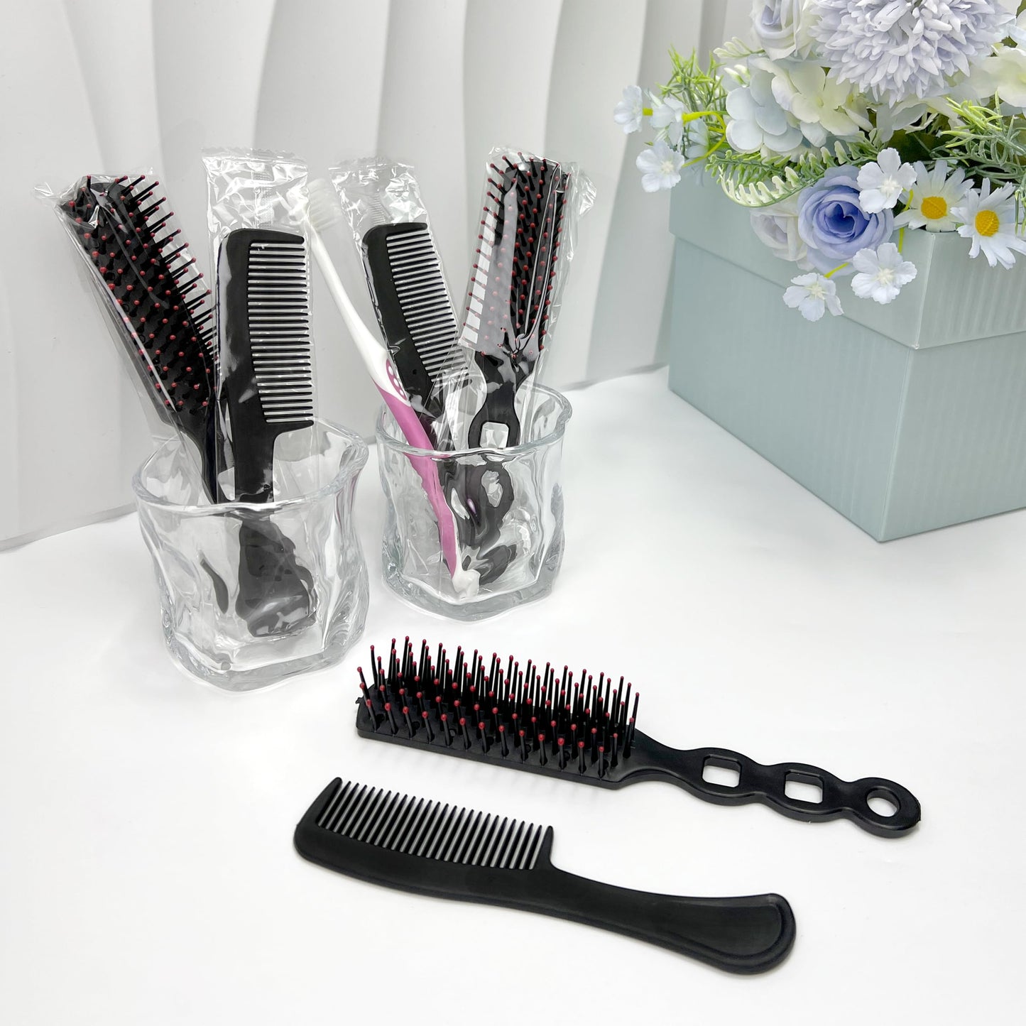 JoseHana Hair Brush and Comb Set, 100 Pcs Bulk for Homeless Individually Wrapped, Lightweight Hair Brush and Comb for Women Kids Hotel Travel (Black)