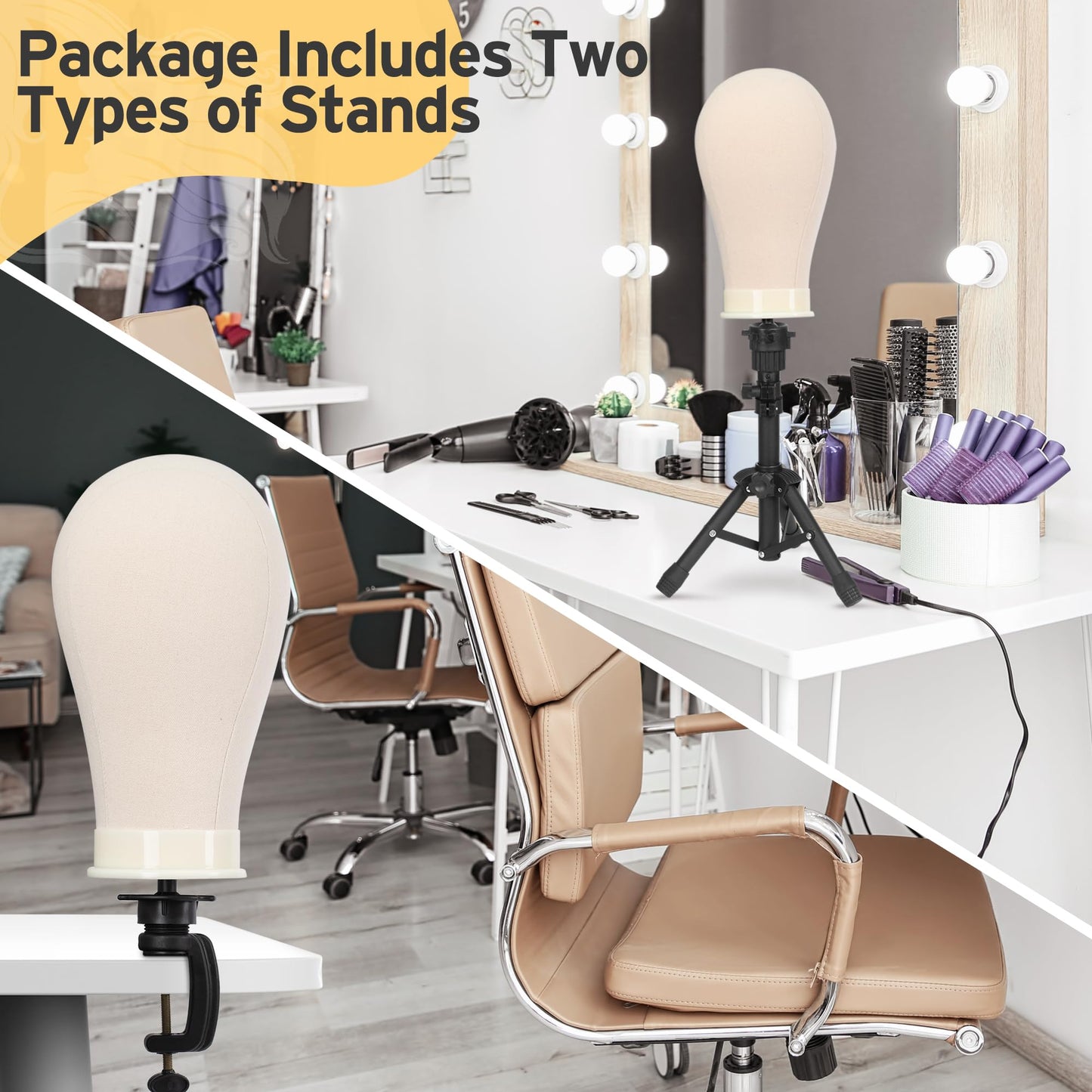 Klvied Desktop Wig Stand Set with 22 Inch Cork Canvas Head, Adjustable 15.4-22.4 Inch Stand, Table Clamp Wig Holder for Wig Display, Trimming and Styling Practice