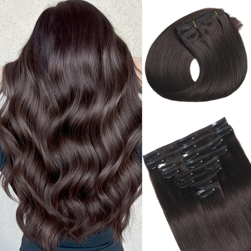 Real Human Hair Clip-In Extensions - Seamless Invisible 8Pcs Double Weft Dark Brown 14 Inch 80g