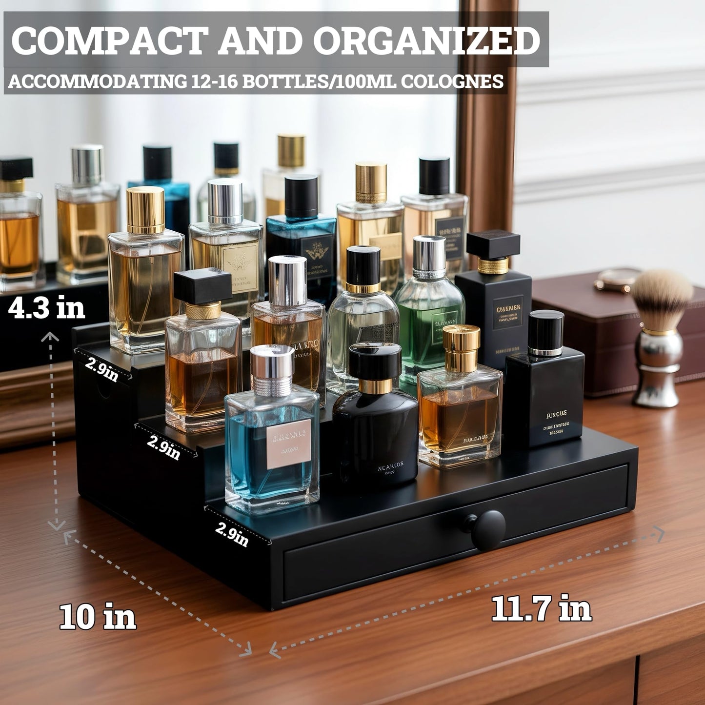 SeLuM Wooden Cologne Organizer for Men 3 Tier | Black Perfume Holder Shelf for Dresser | High Grade Velvet Lining and Stylish Gift Box | Uncluttered Design Perfume Display Stand