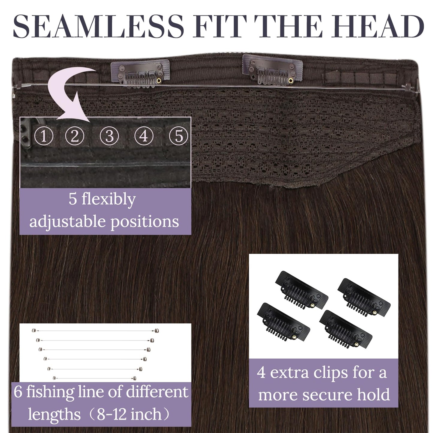 Fshine Invisible Wire Hair Extensions, Dark Brown Color 10 Inch 56G Hidden Wire Human Hair Extensions, Clip in One Piece Straight Hair for Women Add Volume