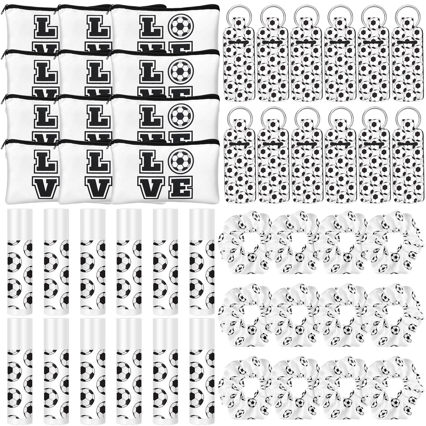 Locmeo 48 Pcs Soccer Team Gifts Include 12 Makeup Bags, 12 Hair Scrunchies, 12 Lip Balms, 12 Lip Balm Holders for Soccer Players, Girl Sports Team Accessories