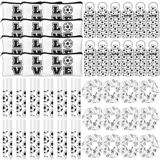 Locmeo 48 Pcs Soccer Team Gifts Include 12 Makeup Bags, 12 Hair Scrunchies, 12 Lip Balms, 12 Lip Balm Holders for Soccer Players, Girl Sports Team Accessories