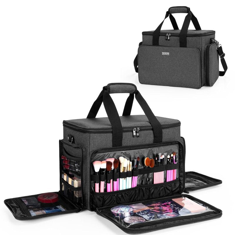 Large Cosmetic Bag - Makeup Organizer with Adjustable Dividers | Travel Case for Cosmetics & Hair Supplies - Black