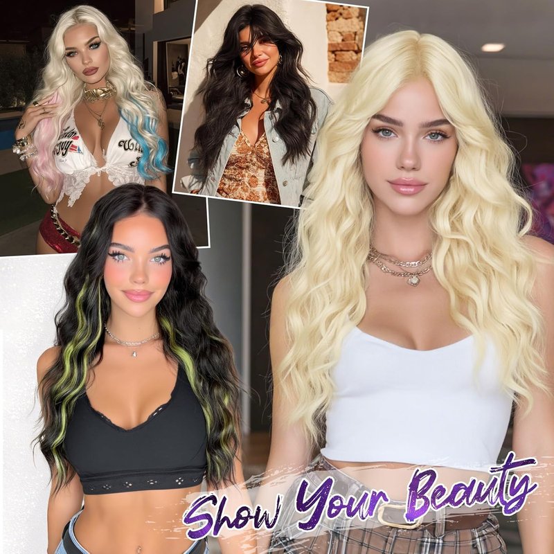 Blonde Wigs with Curtain Bangs - Long Wavy Synthetic Hair Wig for Women | 26 Inch Blonde Mixed Pink