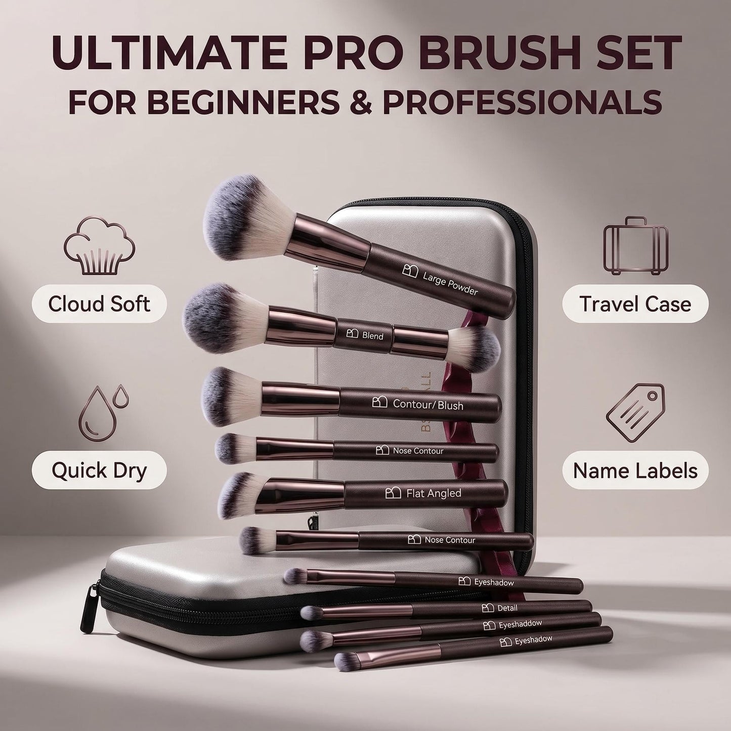 Professional Makeup Brush Set BS-MALL with Travel Case, 20PCS Synthetic Makeup Brushes for Foundation, Conce aler, Blush, Powder & Eyeshadow, Labeled Face Eye Brushes for Beginners, Makeup Artists