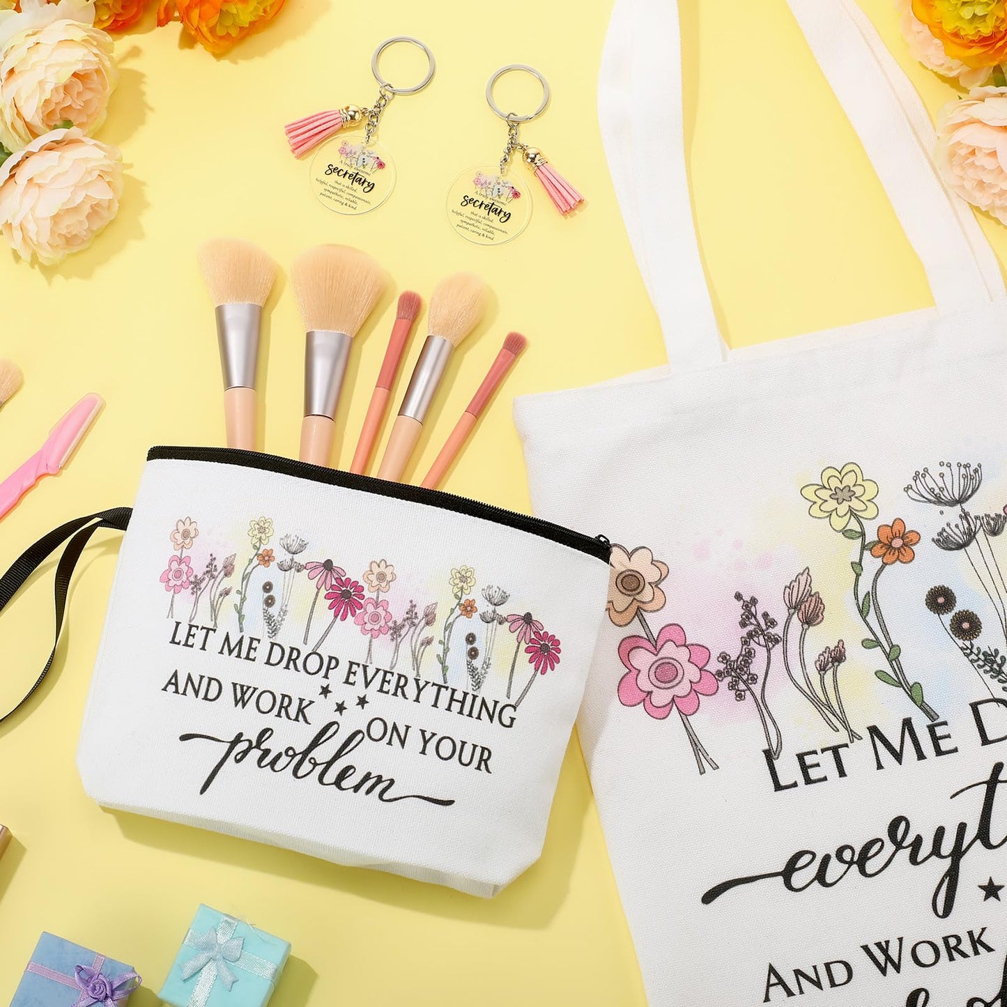 Sieral 9 Pcs Secretary Gift for Women Tote Canvas Bag Makeup Cosmetic Bag Motivational Keychain Secretary Appreciation Favor