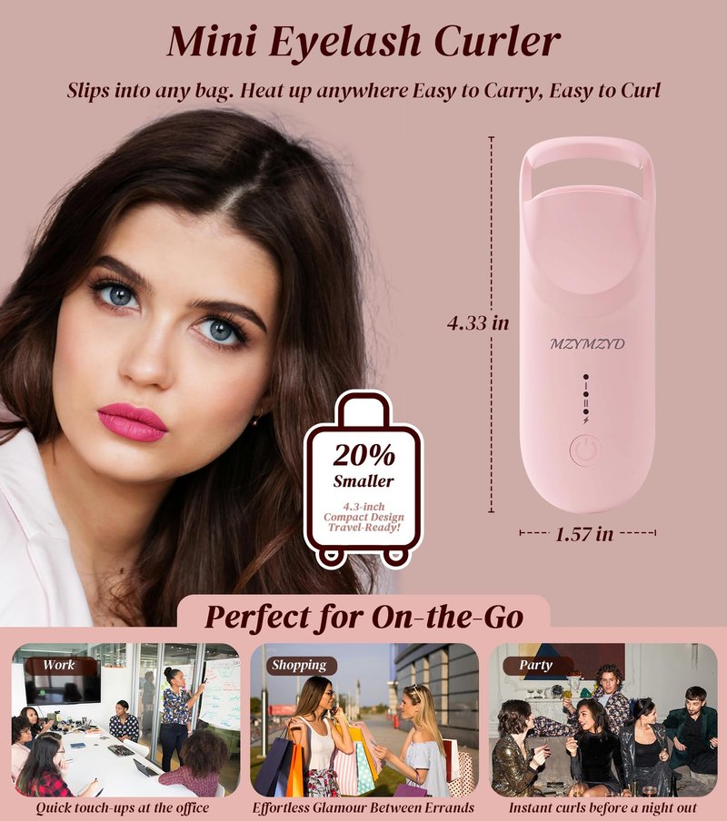 MZYMZYD Heated Eyelash Curler, Eyelash Curlers with 10S Quick Heat-Up, 2 Temp Settings, 3S Styling & 24H Long-Lasting Natural Curl, Type-C Recharge, Mini Electric Eyelash Curler for Travel - Pink