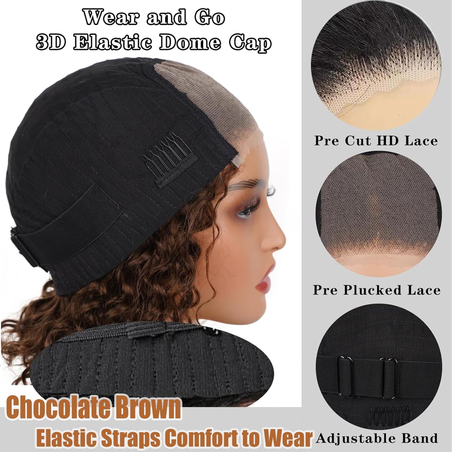 Chocolate Brown Glueless Wigs Human Hair Pre Plucked Pre Cut 180% Density Closure Wigs Human Hair Bob Wig Curly Human Hair Wig Wear and Go Glueless Wig for Women 10 Inches