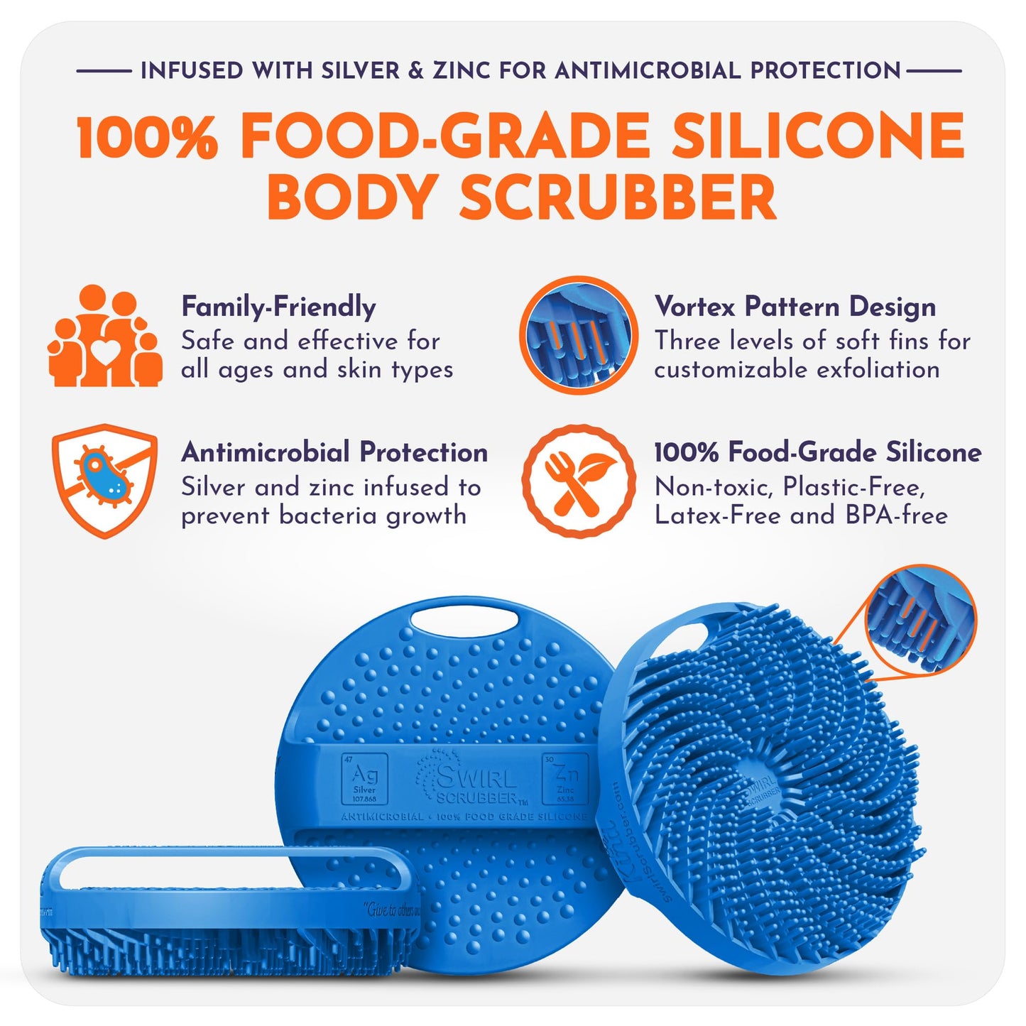 Swirl Scrubber: Antimicrobial Silicone Body Scrubber - Blue - Shower Hanger & Sticker, Lymphatic Support, Deep Exfoliation-Cleansing, Family Hygiene