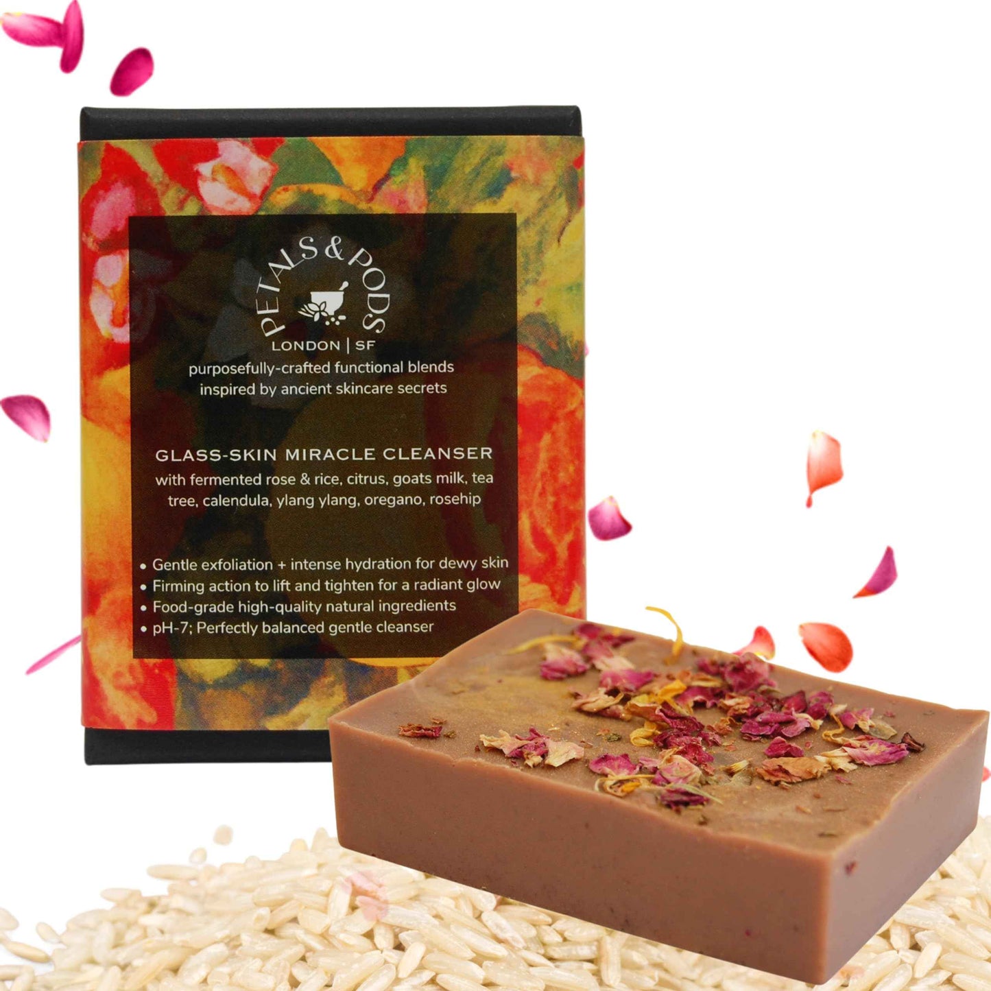Petals and Pods Handmade Body & Face Exfoliating Bar Soap - Korean-inspired fermented rose & rice formula to Hydrate and Nourish Dry, Dull skin - Glass-Skin Miracle Cleanser (Face & Body Bar Soap)