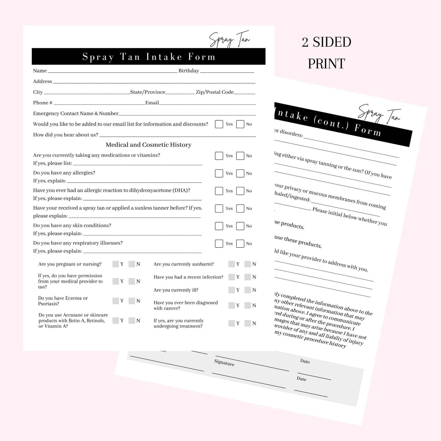 Spray Tan Intake Forms, Consent, Aftercare Instructions |75 pk 25 of each printed | Pre-tan before your spray, rapid spray tan included 8.5 x 11” Client Intake Signature Minimalist Black White