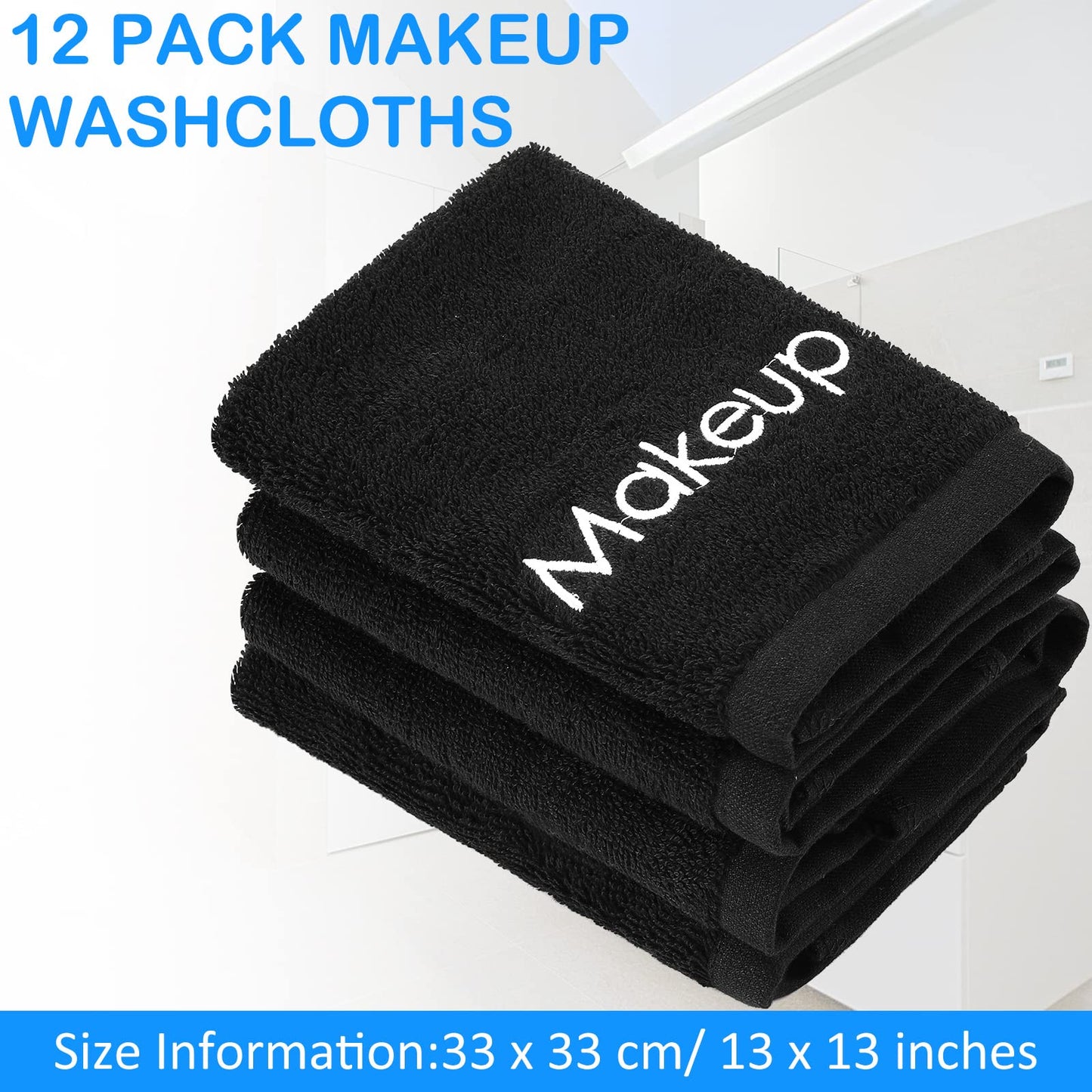 Panelee 12 Pcs Makeup Washcloths Bulk 13 Inch Black Makeup Towels Cotton Face Wash Cloths Facial Remover Cleansing Towels Cosmetic Water Absorbent for Women Hand Skin Care(12 Pcs)