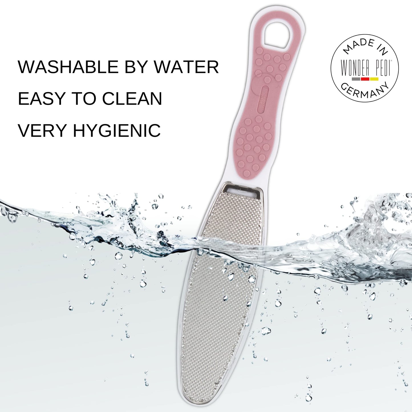 Made in Germany Double Sided Foot File Callus Remover, Stainless Steel and Emery Sides Feet Scrubber, Professional Pedicure Foot Care Tool Rasp, Long Lasting Foot Buffer, Heel Scraper, Wonder Pedi