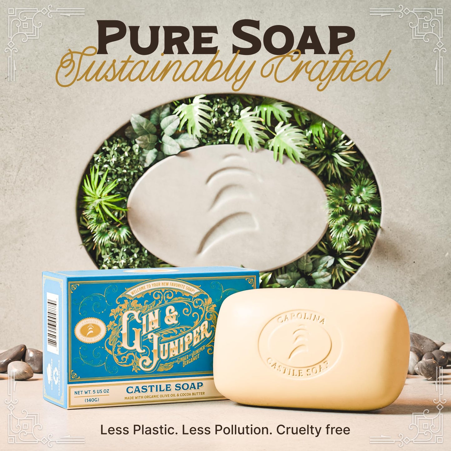 Body Wash Castile Soap Bar for Sensitive Skin – Long Lasting Natural Bar Soap for Men w/Olive Oil and Cocoa Butter - Vegan Gin & Juniper Scented by Carolina Castile, 5 oz Each