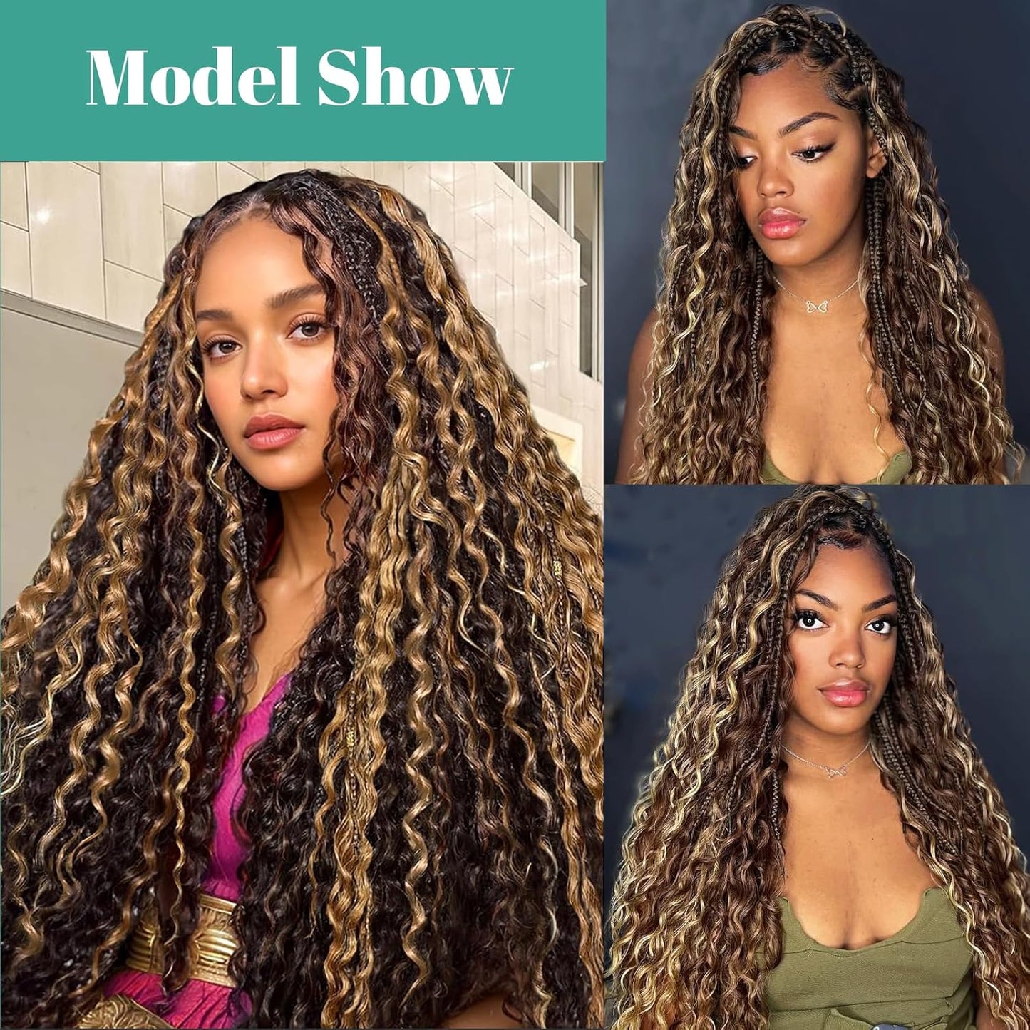Human Braiding Hair - Deep Wave Ombre Curly Bulk Hair, 100g 2 Bundles | 14in P4/27 Highlight Brown for Boho Braids
