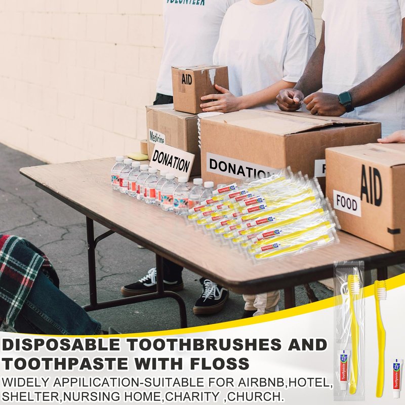 FAOEHN 200pcs Disposable Toothbrushes with Toothpaste and Floss,Yellow Bulk Single Use Toothbrush Floss Pick Individually Wrapped Disposable Travel Toothbrushes Kit for Homeless,Airbnb,Hotel,Guest