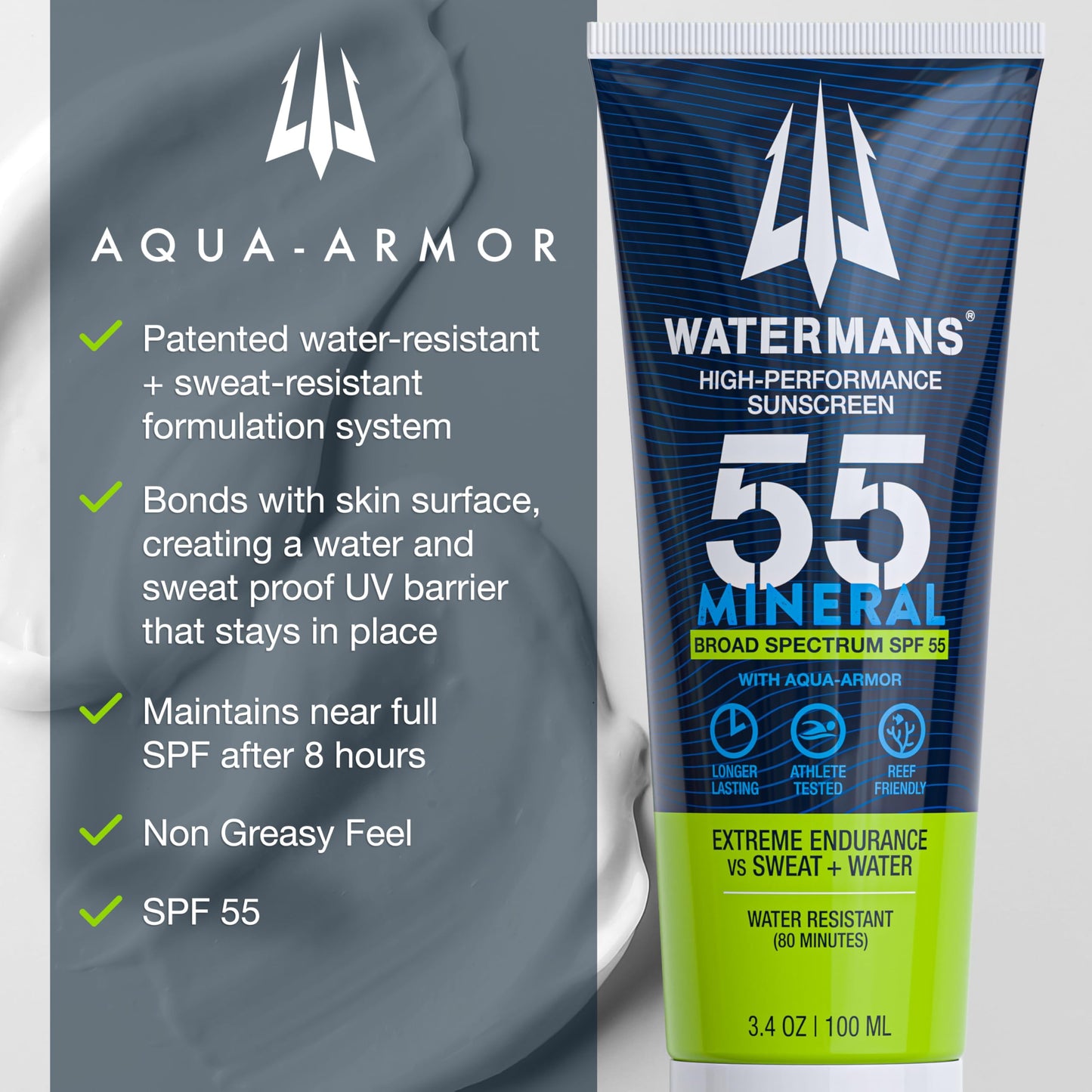 Watermans Mineral SPF 55 Sunscreen Lotion with Zinc, Aqua-Armor, Broad Spectrum for Face and Body, Reef Safe, Water Resistant