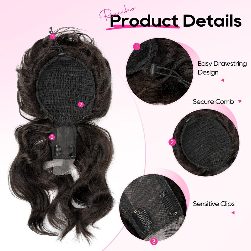 REECHO Messy Bun Hair Piece with Bangs – 2-in-1 Drawstring Ponytail Extension Updo Wig & Hair Topper with Long Side Bangs, Natural-Looking Hair Bun Hairpieces for Women - Black Brown