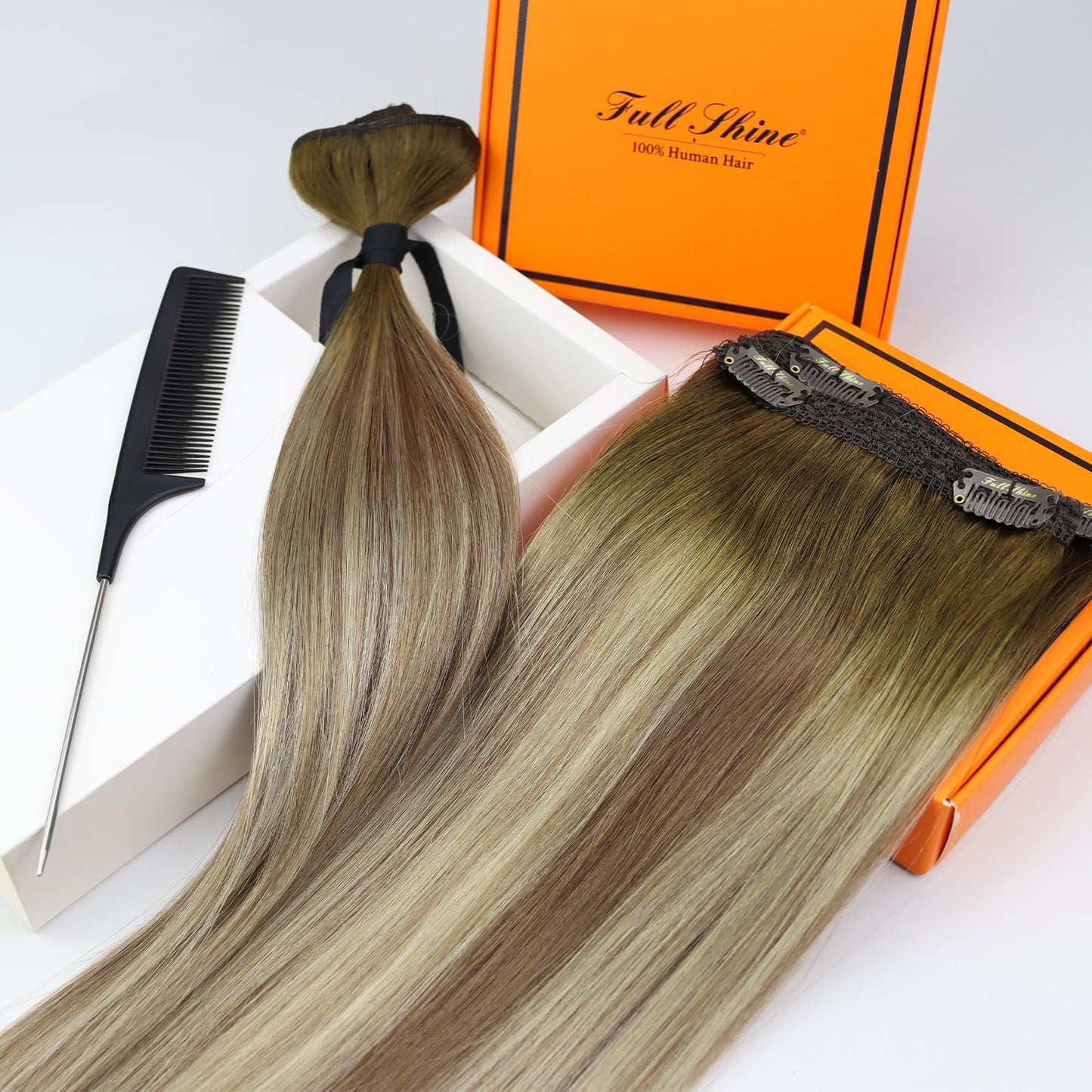 Full Shine Ombre Hair Extensions Clip in Human Hair, Dark Brown Roots Ash Brown Mix Medium Blonde Lace Weft for Layered Hair Enhancement, 16 Inch 3 Pcs 60g