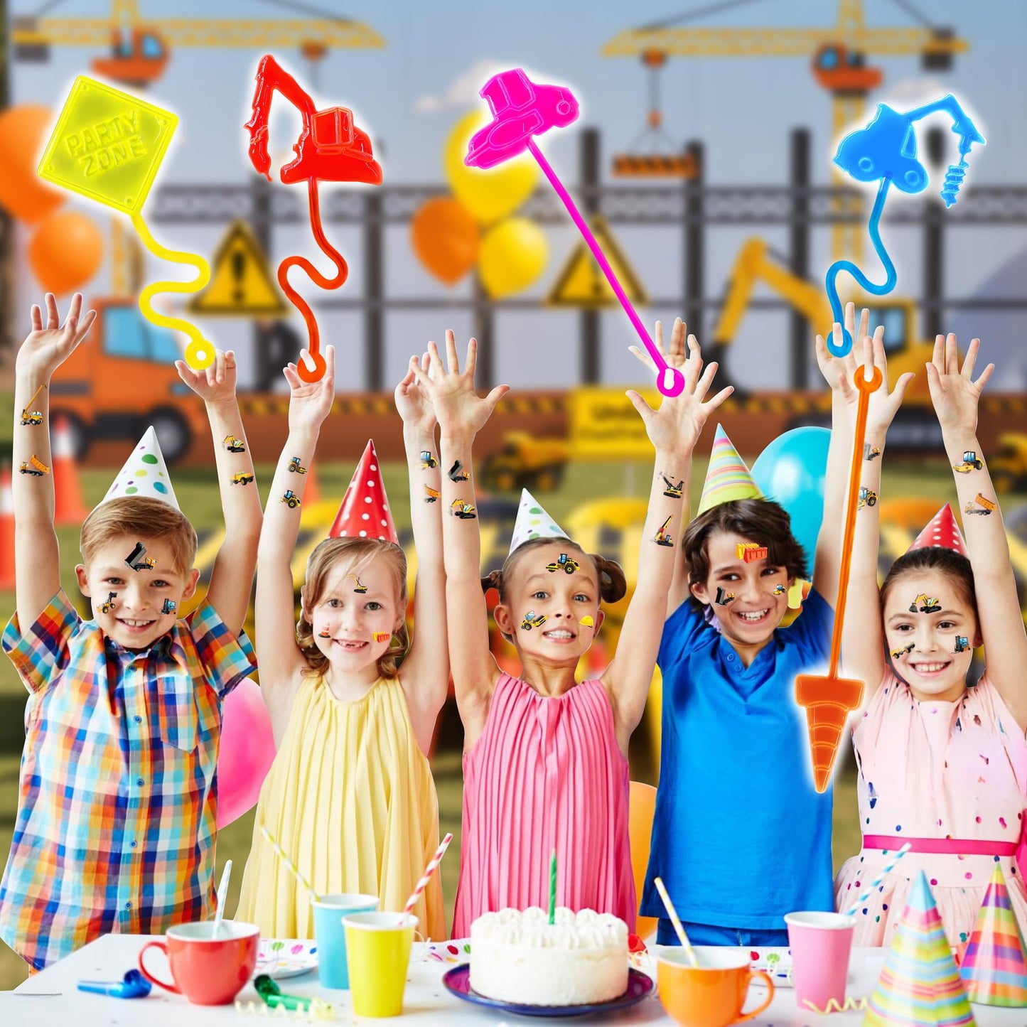48PCS Construction Party Favors - 24PCS Temporary Tattoos & 24PCS Stick Hands Party - Perfect Birthday Party Supplies, Goodie Bag Stuffers, Treasure Box Toys, Classroom Prizes, and Student Gifts