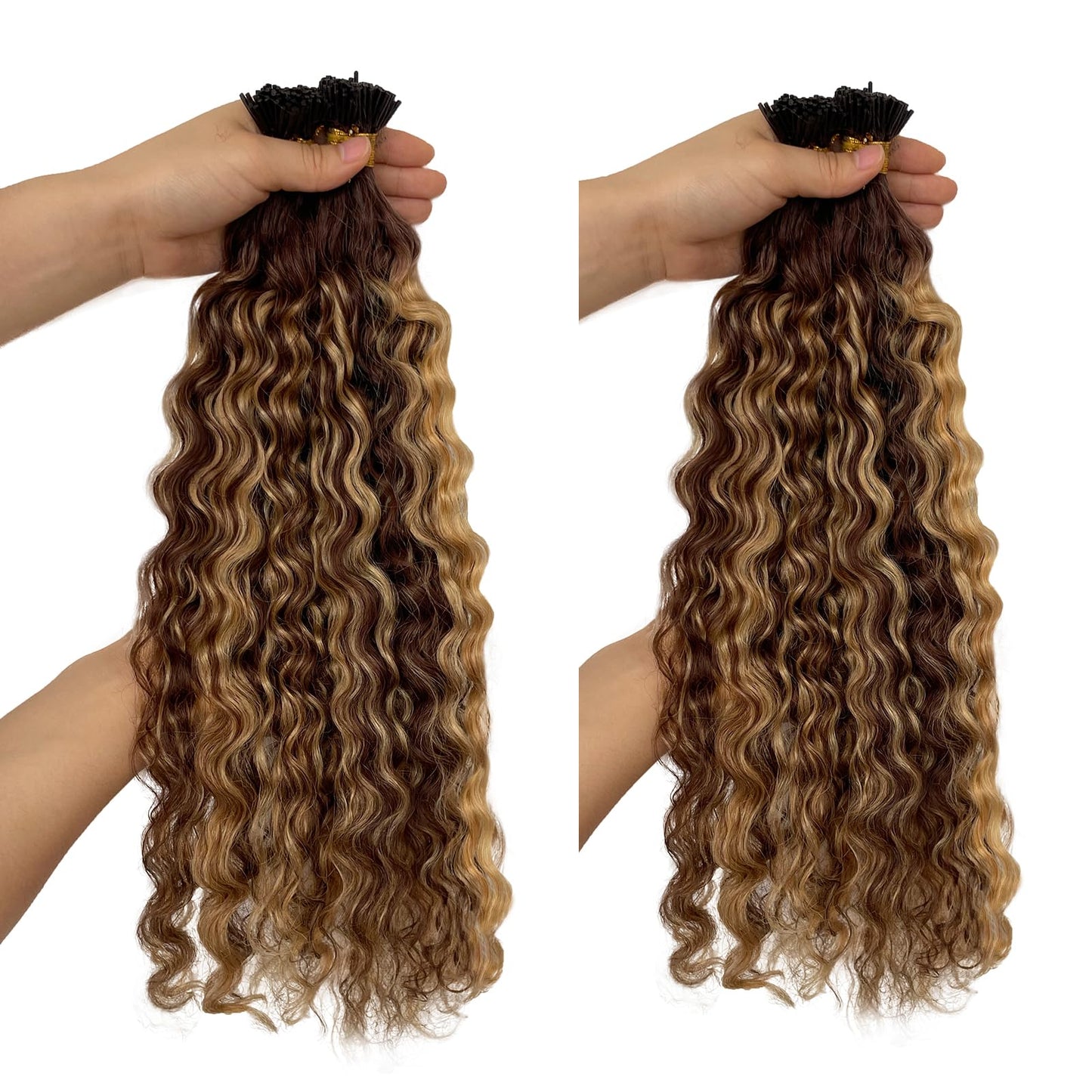 I Tip Human Hair Extensions 14inch 100 Strand 50G, Water Wave I Tips Hair Extensions Real Human Hair for Women Ombre Blonde Extensions I Tips Camel Brown Microlinks Cold Fusion I Tip Human Hair