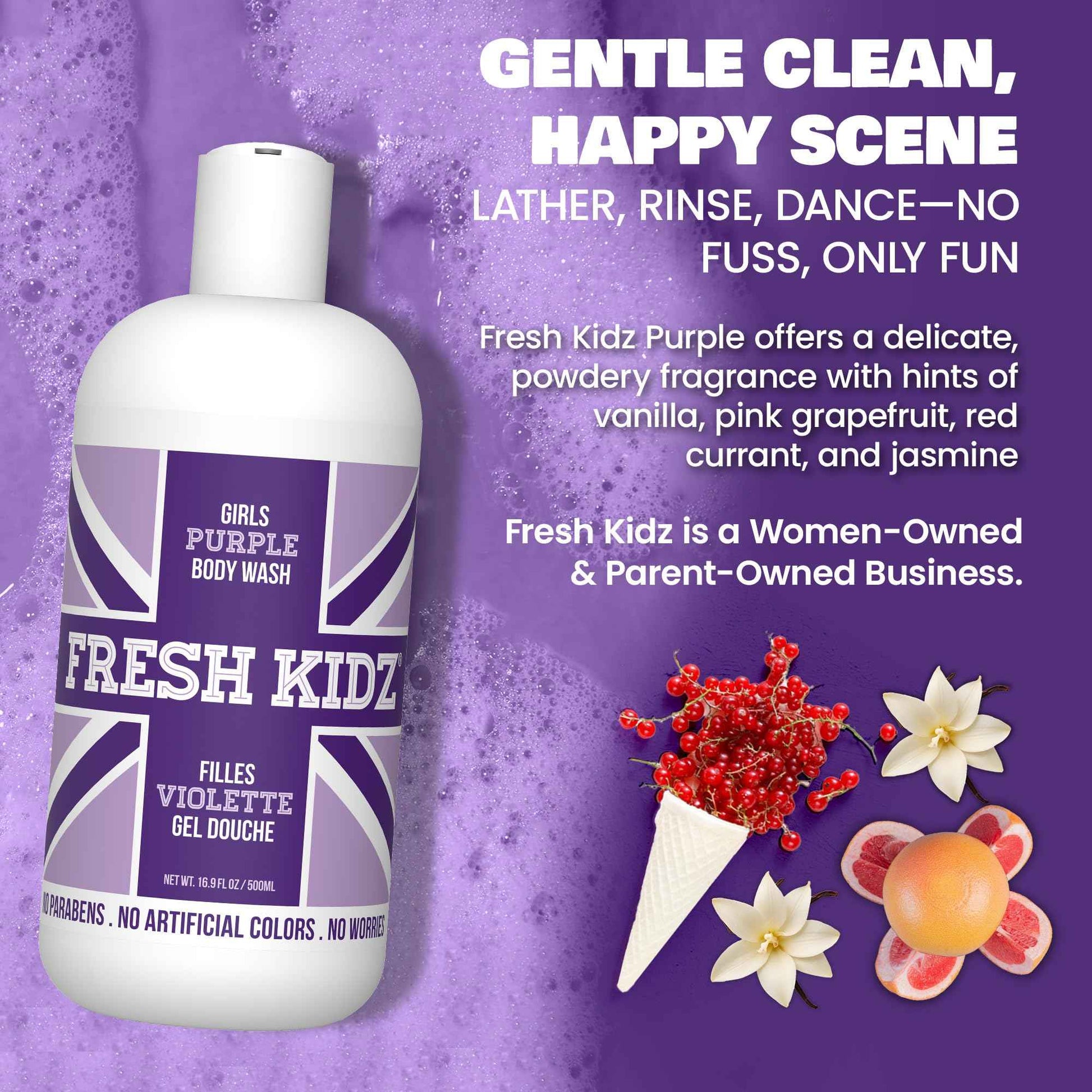 Fresh Kidz Body Wash 16.9 fl.oz. and Stick Deodorant 2.65 oz for Kids and Teens - Girls "Purple" Set