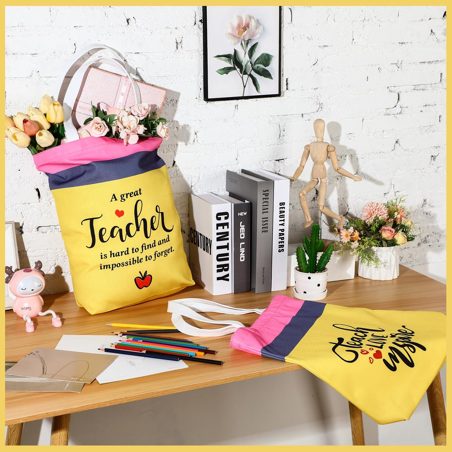 Cosblank 6 Pcs Teacher Appreciation Week Gifts Teacher Appreciation Day Canvas Tote Bag Bulk Travel Cosmetic Bags Portable Makeup Zipper Pouch and Canvas Tote Bag Reusable Gift for Nurses Employee