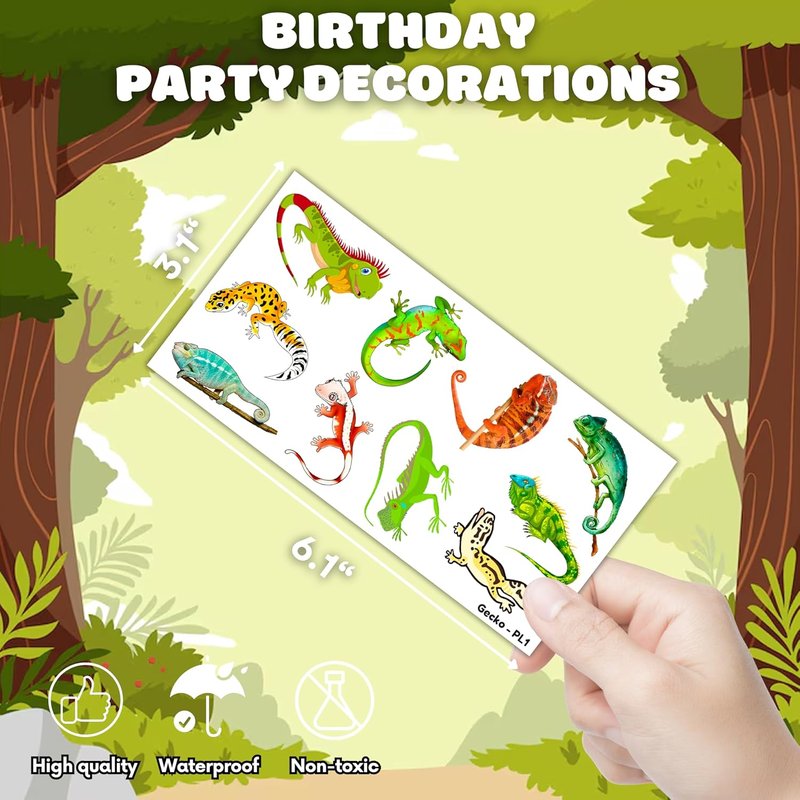 Gecko Lizard Temporary Tattoos - 100 PCS Birthday Party Decorations | Cute Reptile & Chameleon Stickers for Kids