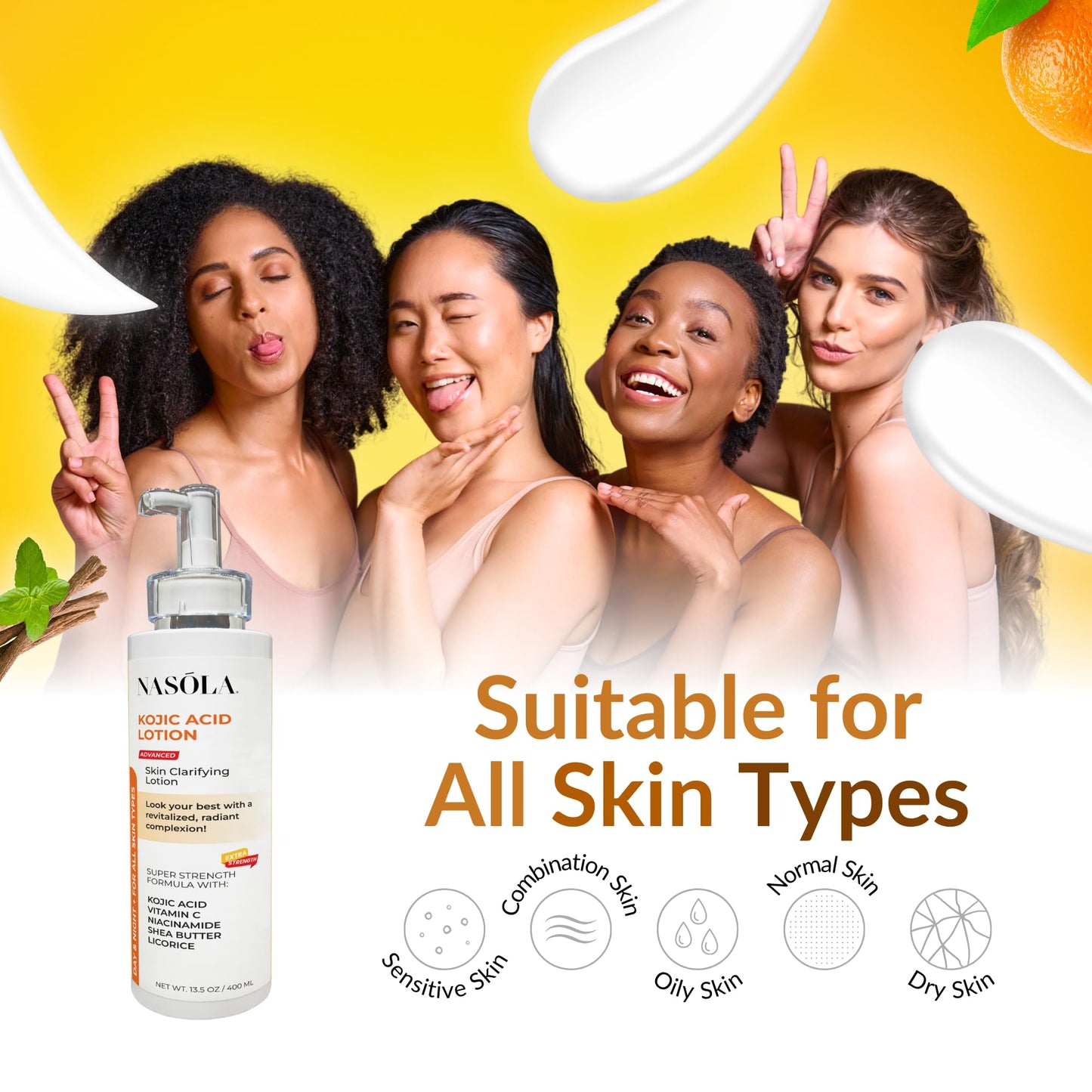Nasola Kojic Acid Lotion Natural Skin Clarifying for Face & Body with Vitamin C, Niacinamide, Shea Butter, Licorice & Green Tea for Complexion Revitalization, Body Lotion Women & Men