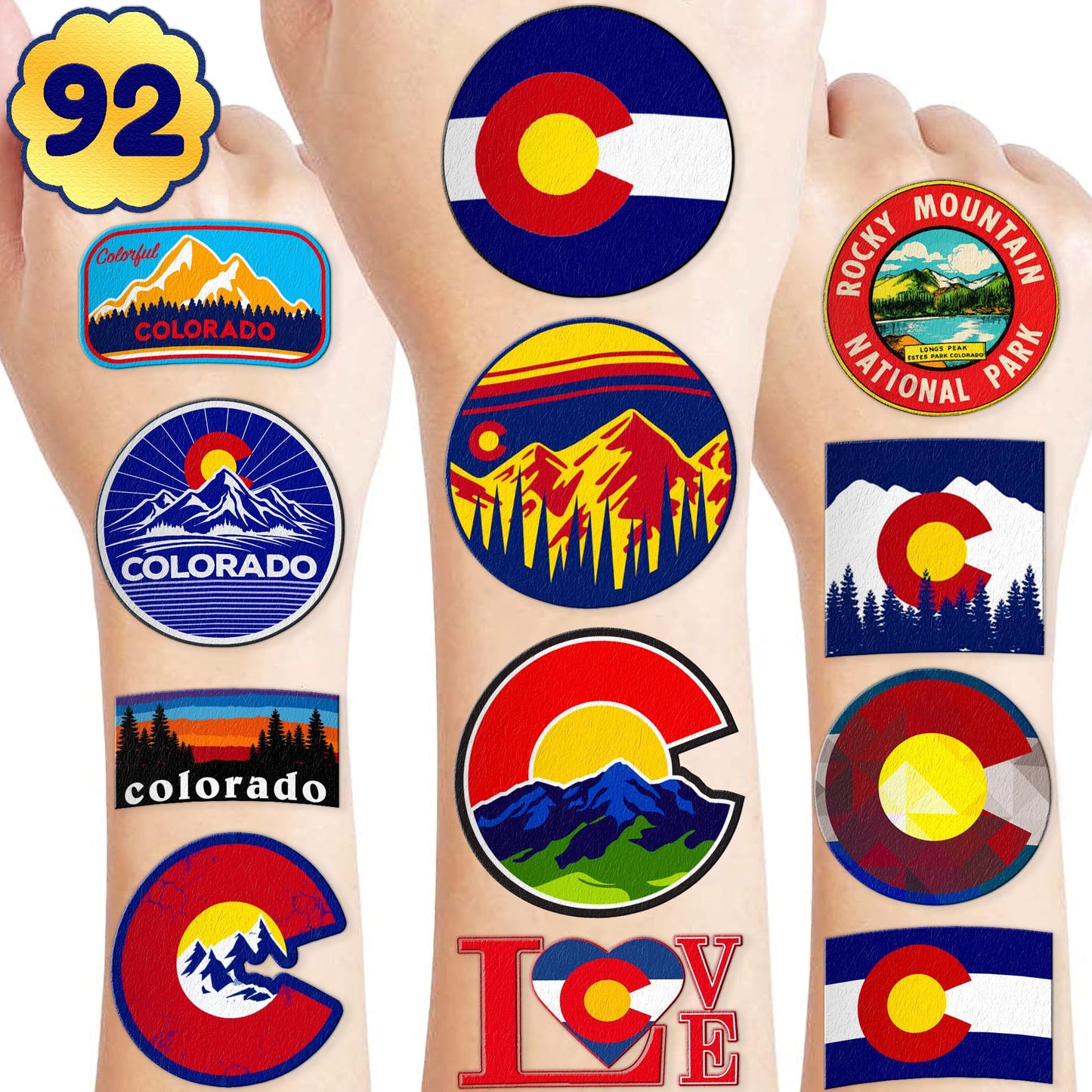 92 PCS Love Breckenridge Temporary Tattoos Stickers - Cute State Flag Themed Body Art for Kids, Waterproof Fake Tattoos for Boys Girls, Birthday Party Favors & Carnival Decorations