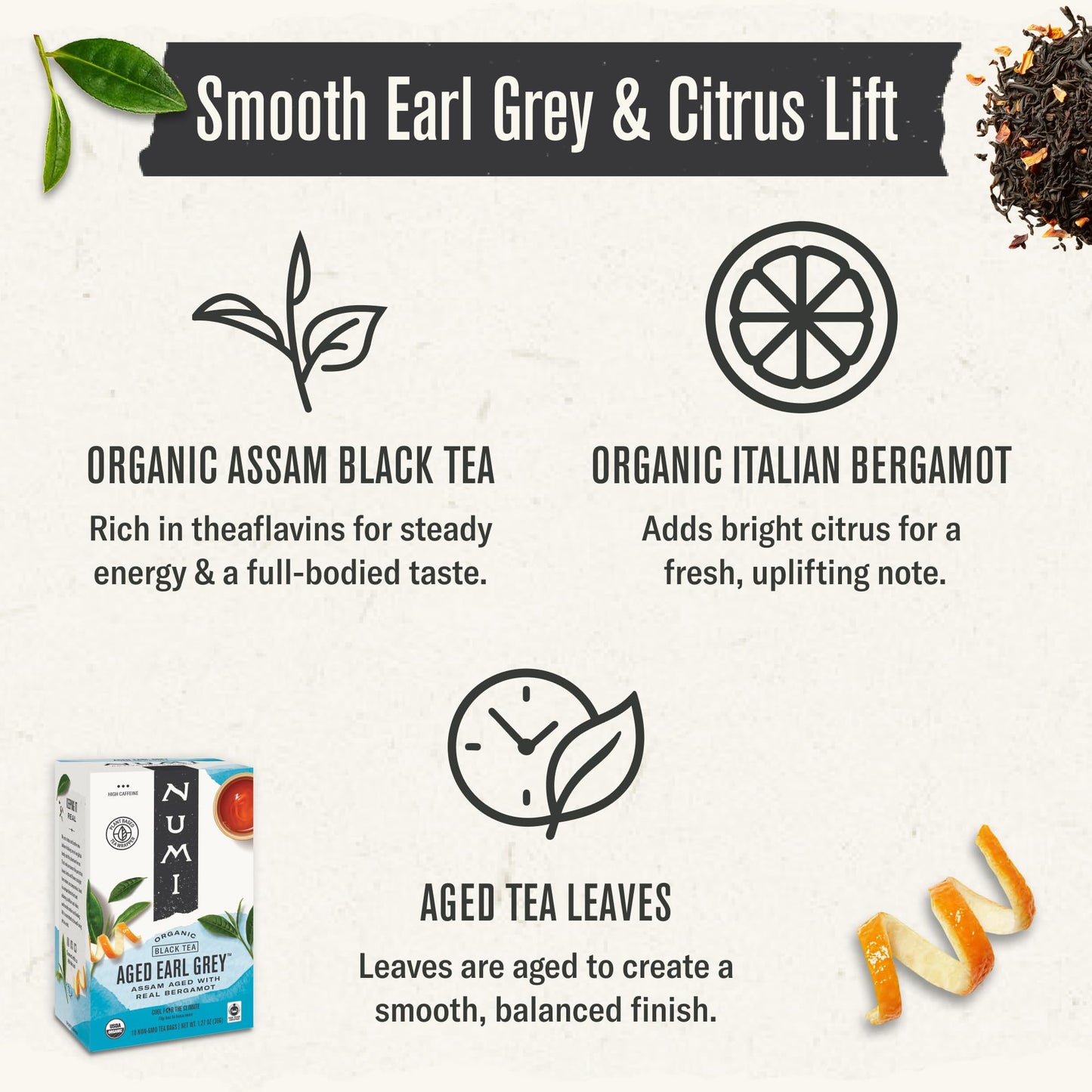 Numi Organic Aged Earl Grey Tea, 18 Black Tea Bags with Real Bergamot, Microplastic Free, High Caffeine