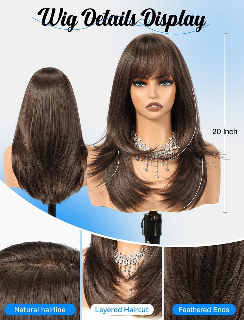 HAIRCUBE Layered Brown Medium Long Straight Synthetic Wigs for Women with Bangs Heat Resistant Natural Look for Daily Use