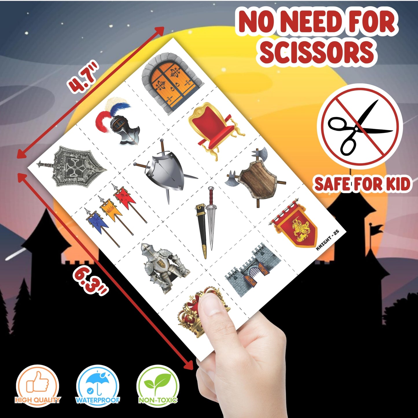 72PCS Medieval Knight Party Set - 48PCS Temporary Tattoos & 24PCS Slap Bracelets - Fun Castle-Themed Birthday Supplies, Baby Shower Gifts, Classroom Rewards & Party Decor for Kids