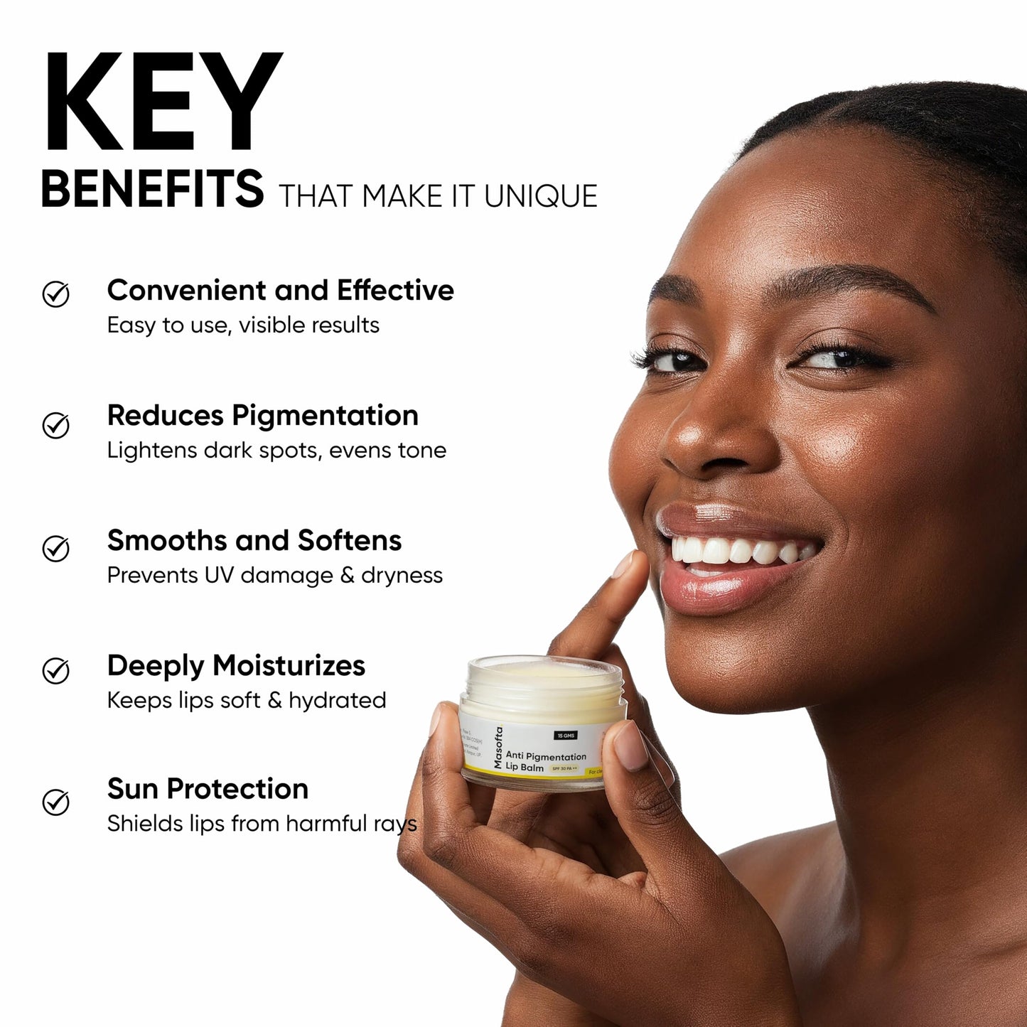 Masofta Shea Butter Lip Balm with Kojic Acid, Alpha Arbutin & Shea Butter for Smooth, Crack Free & Clear Lips, SPF 30 PA++, For Men & Women, 0.52 oz/15GMS