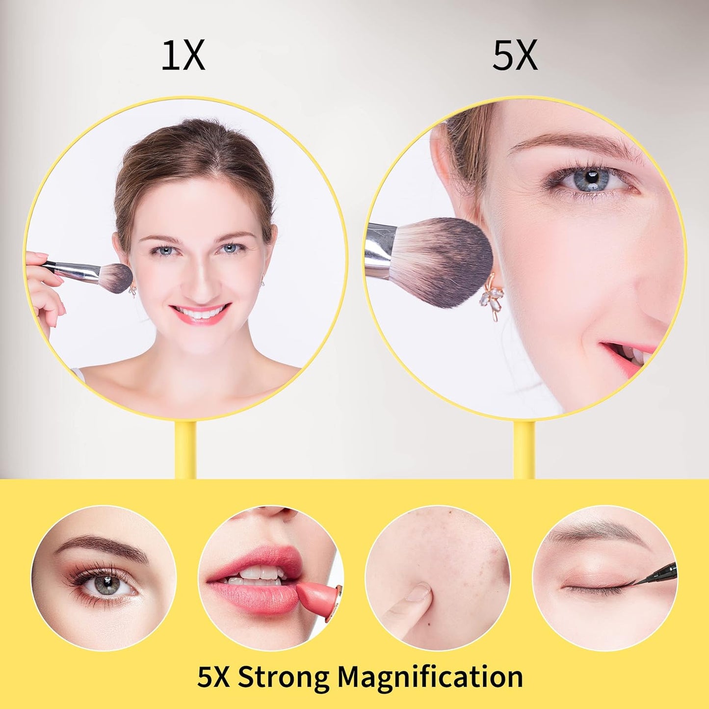 Dual-Sided Magnifying Makeup Mirror - 5X & 1X Magnification | 6.5 Inch Standing Vanity Mirror in Yellow