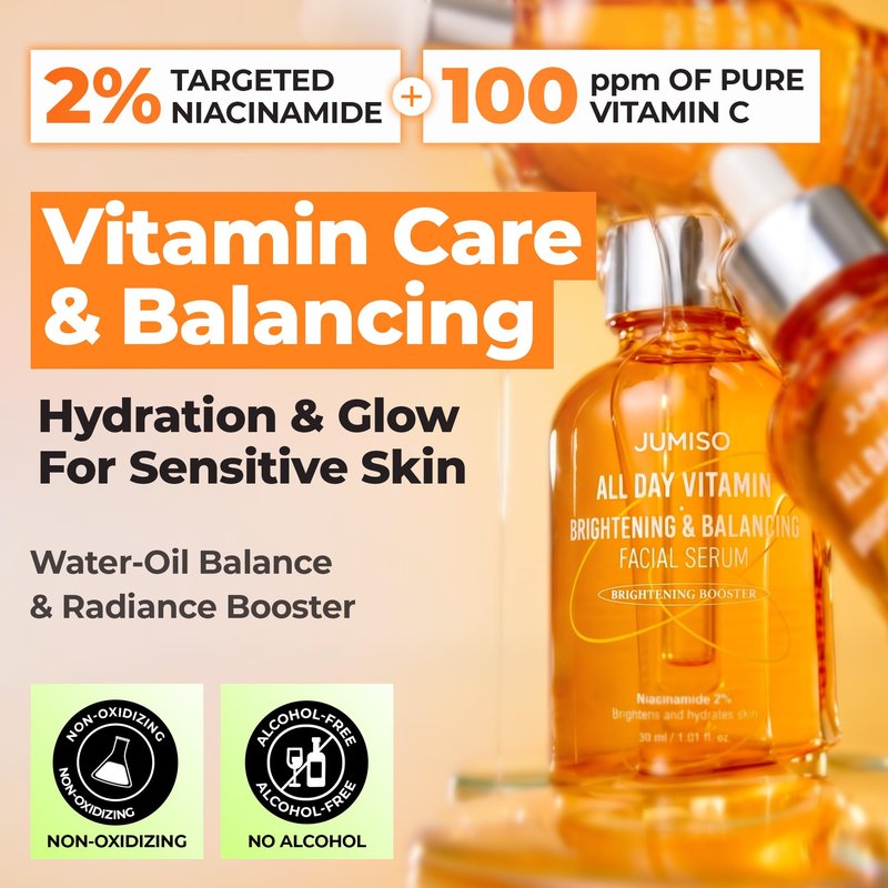JUMISO All Day Vitamin Serum, Brightening & Balancing Facial Serum, Gift, Vitamin C, A, B, D, E , Serum with Vitamin, Korean Skincare, Skin brightening, soothing, Vegan serum, Vitamin tree extract 86.14%, Niacinamide 20,000ppm,1.01 fl oz (serum)